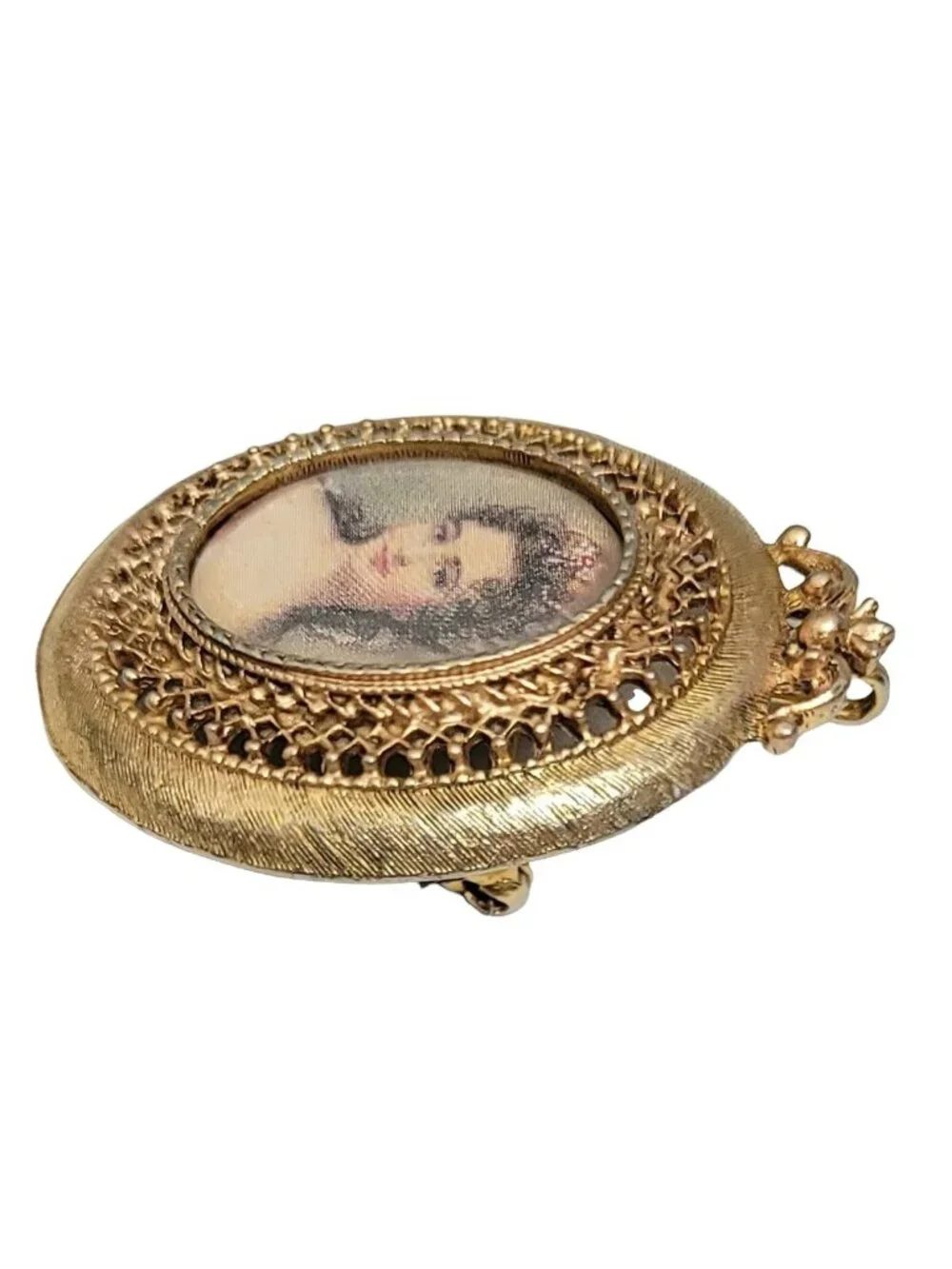 Florenza Gold-Tone Filigree Oval Cameo Photo Brooch Pin Pendant, Signed